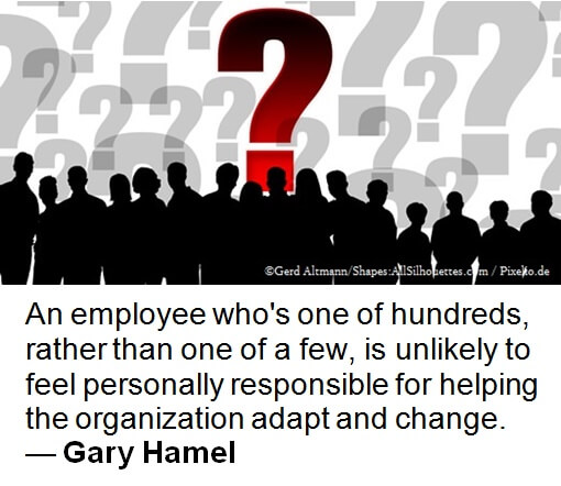 Gary Hamel Quote - An employee who's one of hundreds, rather than one of a few, is unlikely to feel personally responsible for helping the organization adapt and change. Employee Engagement