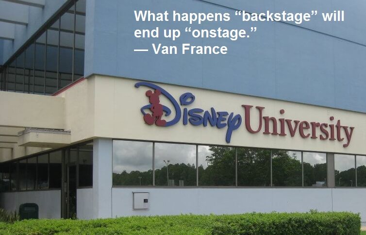 Van France Quote - What happens “backstage” will end up “onstage.” Employee Engagement Quote