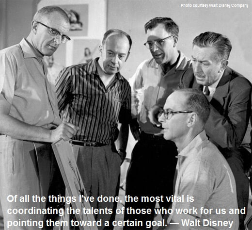 Walt Disney Quote: Of all the things I've done, the most vital is coordinating the talents of those who work for us and pointing them toward a certain goal. Employee Engagement