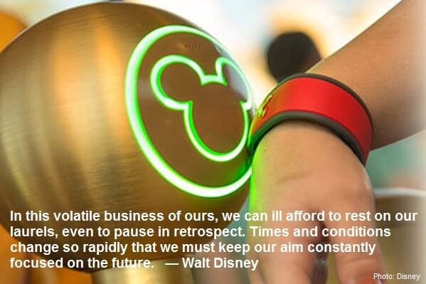 Walt Disney Quote - In this volatile business of ours, we can ill afford to rest on our laurels, even to pause in retrospect. Times and conditions change so rapidly that we must keep our aim constantly focused on the future. Employee Engagement