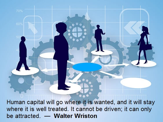 Walter Wriston Quote - Human capital will go where it is wanted, and it will stay where it is well treated. It cannot be driven; it can only be attracted. Employee Engagement
