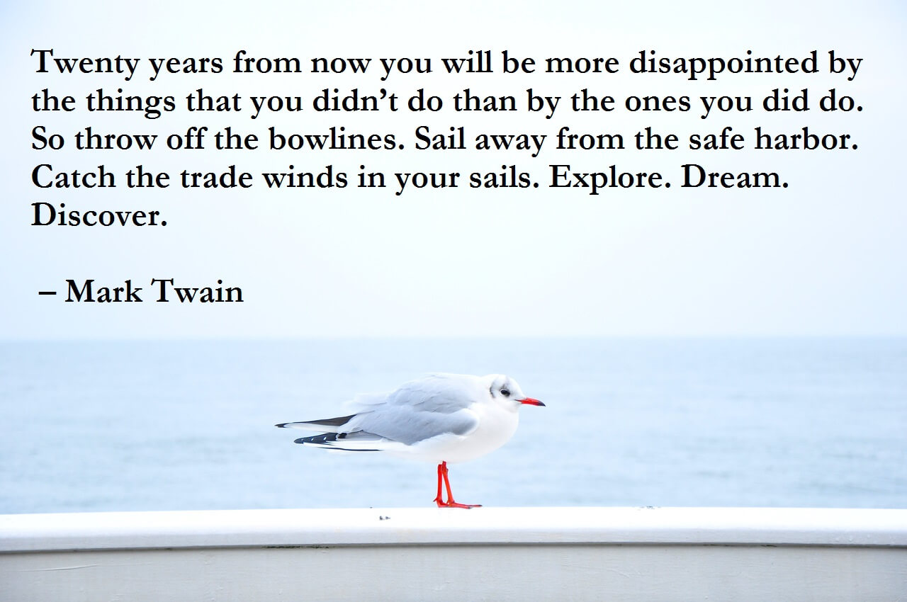 Twenty years from now you will be more disappointed by the things that you didn’t do than by the ones you did do. So throw off the bowlines. Sail away from the safe harbor. Catch the trade winds in your sails. Explore. Dream. Discover. – Mark Twain Employee Engagement Quote