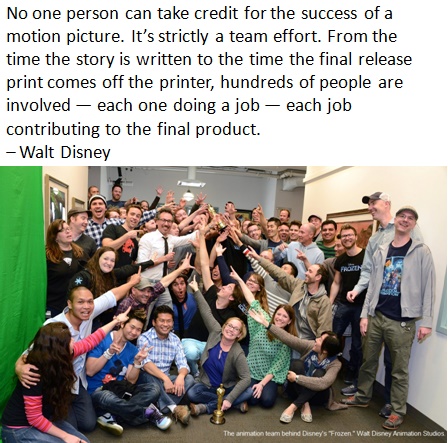 No one person can take credit for the success of a motion picture. It’s strictly a team effort. From the time the story is written to the time the final release print comes off the printer, hundreds of people are involved — each one doing a job — each job contributing to the final product. – Walt Disney
