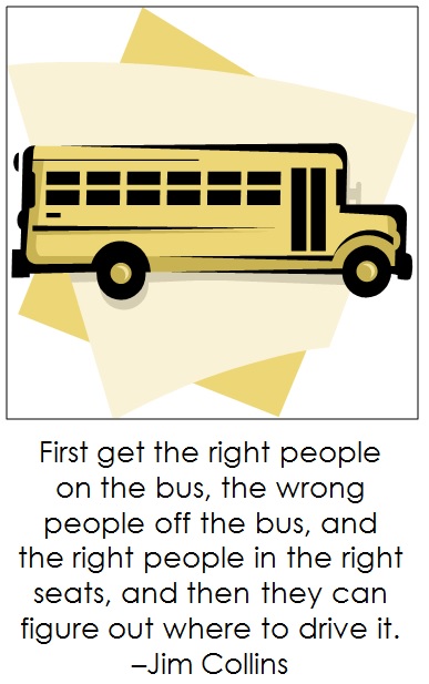 First get the right people on the bus, the wrong people off the bus, and the right people in the right seats, and then they can figure out where to drive it. –Jim Collins
