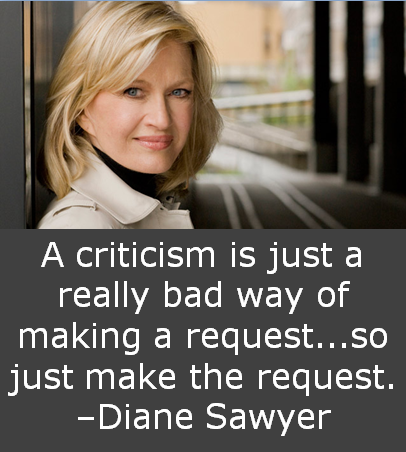 A criticism is just a really bad way of making a request...so just make the request. –Diane Sawyer
